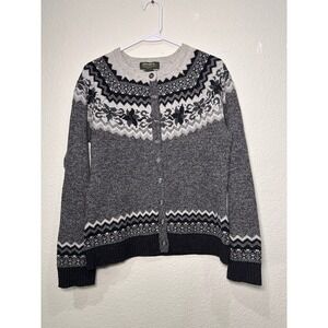 Eddie Bauer Gray Fair Isle Beaded Lambswool Blend Cardigan Sweater Womens Medium
